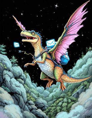 Primary subject: Dinosaur with a backpack
Setting/background: A night sky with stars
Visual style: Digital art
Colors and mood: Dark and mysterious