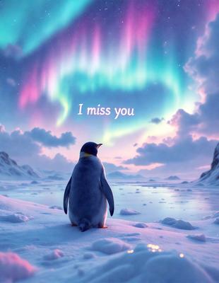 The image features a penguin standing on a snow-covered surface, possibly an iceberg. The penguin appears to be looking at the camera, and the scene is set against a backdrop of a beautiful, colorful sky. The visual style of the image is a combination of photo and digital art, creating a unique and captivating scene. The colors and mood of the image are predominantly cold and icy, with the penguin being the main focal point in the foreground.
