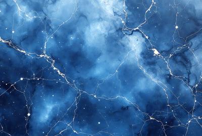 The primary subject of the image is a blue, swirling, and cloudy background with a few stars visible. The setting is a space-themed environment, and the visual style appears to be a combination of digital art and illustration. The dominant colors are blue and white, creating a serene and celestial atmosphere.