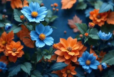 The primary subject of the image is a bouquet of flowers, predominantly featuring blue and orange hues. The flowers are arranged in a vase, which is placed on a table. The setting appears to be a room with a blue background, giving the scene a calm and serene atmosphere. The visual style of the image is a combination of photo and digital art, creating a realistic yet artistic representation of the flowers.