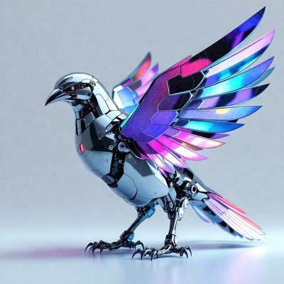 The primary subject of the image is a robotic bird with a metallic appearance. The bird is standing on a white surface, which serves as the setting for the scene. The visual style of the image is a combination of digital art and illustration, creating a futuristic and intricate design. The dominant colors in the image are silver, pink, and blue, giving the robotic bird a unique and eye-catching appearance.