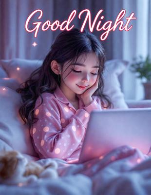 Good Night: A young girl is laying in bed, smiling and looking at a laptop. She is wearing a pink polka dot shirt. The bed is covered with a white blanket. The girl appears to be enjoying her time on the laptop, possibly watching a video or browsing the internet. The scene is set in a cozy and comfortable environment, with the laptop being the main focus of the image.