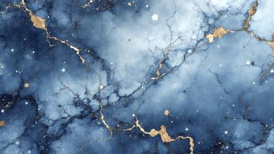 The primary subject of the image is a blue and gold swirling pattern, which appears to be a painting or a digital artwork. The setting is a blue background, and the visual style is a combination of digital art and painting. The colors and mood of the image are predominantly blue and gold, creating a sense of depth and richness.