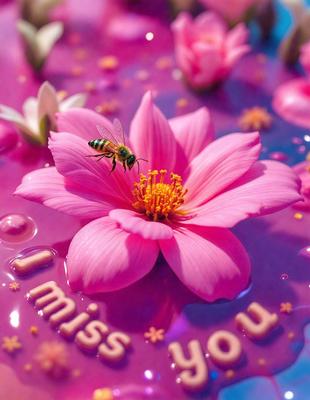 The primary subject of the image is a pink flower with a bee sitting on it. The setting is a pink background, which adds to the overall mood of the image. The visual style is a combination of photo and digital art, creating a unique and eye-catching scene. The dominant colors are pink and yellow, which contribute to a warm and inviting atmosphere.