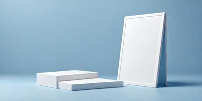 The primary subject of the image is a white frame, which is placed on a blue surface. The setting appears to be a studio or a workspace, as the frame is sitting on a table. The visual style of the image is a photo, capturing the details of the white frame and the blue background. The colors in the image are predominantly white and blue, creating a clean and professional atmosphere.
