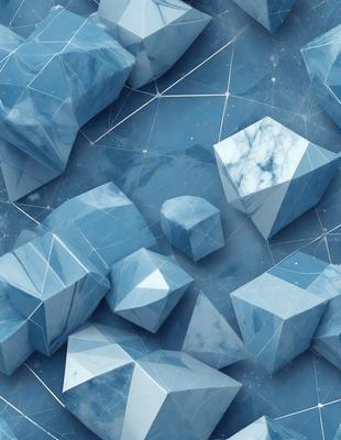 The primary subject of the image is a collection of blue and white geometric shapes, which are arranged in a visually appealing manner. The setting is a blue background, which complements the colors of the shapes. The visual style of the image is digital art, as it appears to be a computer-generated or digitally manipulated composition. The dominant colors in the image are blue and white, creating a calm and serene atmosphere.
