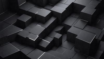 The primary subject of the image is a black and white pattern of cubes. The setting is a black background, and the visual style is a digital art or illustration. The dominant colors are black and white, creating a stark and minimalist atmosphere.