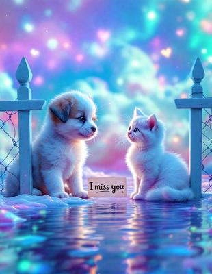 The image features two cute white dogs sitting next to each other, possibly on a fence. They are looking at each other, creating a heartwarming scene. The dogs are positioned in the center of the image, and their expressions and body language suggest a sense of companionship and affection. The overall atmosphere of the image is warm and inviting, with the two dogs being the main focus of the scene.
