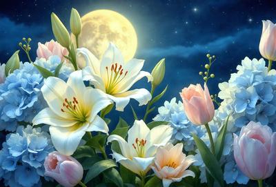 The primary subject of the image is a beautiful bouquet of flowers, including white and pink flowers, set against a dark blue sky. The flowers are arranged in a vase, creating a serene and elegant scene. The setting is a nighttime garden, with the moon shining brightly in the sky above the flowers. The visual style of the image is a combination of photo and digital art, creating a realistic yet artistic representation of the flowers and their surroundings. The colors and mood of the image are predomin