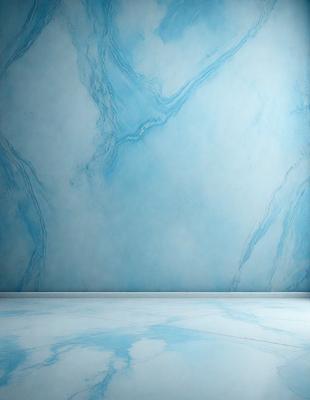 The primary subject of the image is a blue wall with a pattern of water droplets. The setting is a room with a blue tiled floor. The visual style is a photo of the blue wall with water droplets. The dominant colors are blue and white, creating a calm and soothing atmosphere.