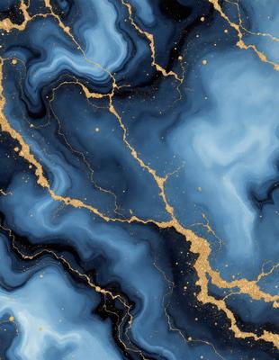 The primary subject of the image is a blue and gold marbled stone. The setting is a blue and gold marbled stone surface, which serves as the background. The visual style is a combination of a photo and digital art, creating a unique and intricate design. The colors and mood of the image are predominantly blue and gold, giving it a luxurious and elegant appearance.