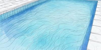 The primary subject of the image is a swimming pool filled with water. The pool is surrounded by a blue tiled surface, which adds to the overall atmosphere of the scene. The visual style of the image is a combination of a photo and a drawing, creating a unique and artistic representation of the swimming pool. The colors in the image are predominantly blue, which gives the scene a calm and serene mood.
