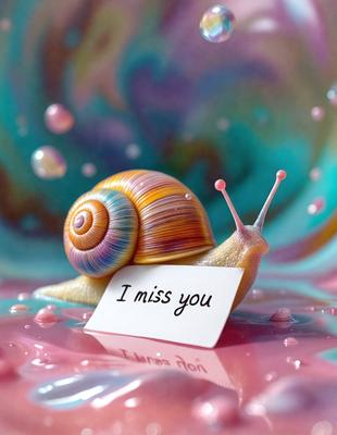 Primary subject: A colorful snail with a note that says "I miss you"
Setting/background: A pink and blue background with bubbles and a heart-shaped surface
Visual style: Digital art
Colors and mood: The colors are vibrant and the mood is heartfelt and nostalgic.