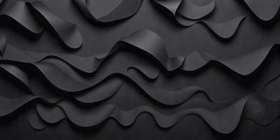 The primary subject of the image is a black wall with a pattern of waves. The setting is a dark room, and the visual style appears to be a digital art or illustration. The dominant colors are black and grey, creating a moody atmosphere.