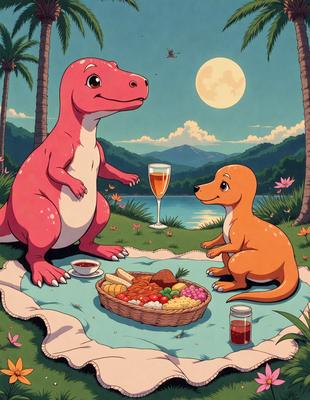 The image features a cartoon scene of a pink dinosaur and a smaller orange dinosaur sitting on a blanket. The pink dinosaur is holding a wine glass, and there is a basket of food in front of them. The orange dinosaur is sitting next to the pink dinosaur, and they appear to be enjoying a picnic together. The overall atmosphere of the image is light-hearted and fun, with the cartoon dinosaurs depicted in a playful manner.