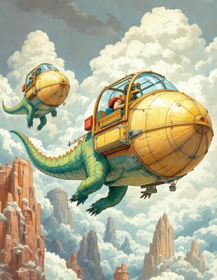 Primary subject: Dinosaur with a passenger in a basket.
Setting/background: A cloudy sky.
Visual style: Digital art.
Colors and mood: The image is colorful and has a whimsical, playful atmosphere.