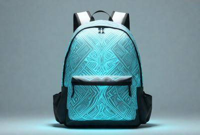The primary subject of the image is a blue and white backpack. The backpack is placed on a gray background, which creates a contrast between the colors of the backpack and the background. The visual style of the image is a close-up of the backpack, showcasing its design and details. The colors and mood of the image are predominantly blue and white, giving it a clean and modern appearance.