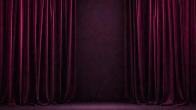 The primary subject of the image is a purple curtain, which is the main object and focus of the scene. The setting is a stage or theater, with the curtains hanging down to the stage floor. The visual style is a photo, capturing the purple curtains in their natural environment. The colors and mood of the image are predominantly purple, creating a dramatic and theatrical atmosphere.