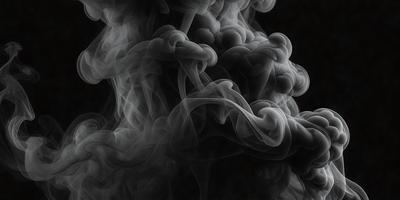 The primary subject of the image is a large, dark, and smoky cloud. The setting is a black background, which emphasizes the cloud's shape and texture. The visual style is a close-up of the cloud, showcasing its intricate structure. The colors and mood of the image are dark and moody, with the cloud's dense and ominous appearance.