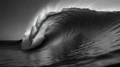 The image features a large wave crashing into the ocean. The wave is the primary subject, and it is captured in a black and white photo. The setting is the ocean, with the wave being the main focus of the scene. The visual style is artistic, and the colors are predominantly black and white, creating a dramatic and moody atmosphere.