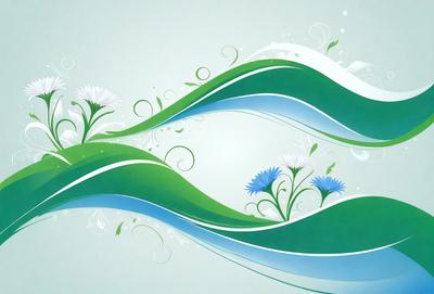 The primary subject of the image is a beautifully illustrated green and blue wave with white flowers. The setting is a white background, and the visual style is a combination of digital art and illustration. The dominant colors are green, blue, and white, creating a serene and calming atmosphere.