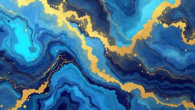 The primary subject of the image is a blue and gold painting featuring a swirling pattern. The setting is a blue background, and the visual style appears to be a digital art or illustration. The dominant colors are blue and gold, creating a vibrant and lively atmosphere.