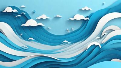 The primary subject of the image is a large blue wave with a few birds flying above it. The setting is a blue ocean, and the visual style is a combination of digital art and illustration. The dominant colors are blue and white, creating a calm and serene atmosphere.