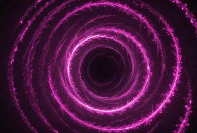 The primary subject of the image is a large, pink, swirling circle. The setting is a dark background, which contrasts with the bright pink color of the circle. The visual style appears to be a digital art or illustration, as the circle is depicted in a swirling motion. The dominant colors are pink and purple, creating a vibrant and energetic atmosphere.