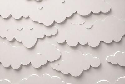 The primary subject of the image is a large collection of white clouds, which are arranged in various shapes and sizes. The setting is a white wall, and the visual style appears to be a combination of digital art and illustration. The clouds are the main focus of the image, and they create a sense of depth and dimension. The overall atmosphere is calm and serene, as the clouds are depicted in a peaceful and harmonious manner.