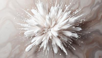 The primary subject of the image is a white powder, possibly flour or sugar, that is being blown or scattered in the air. The setting appears to be a kitchen or a similar environment, as the powder is being blown around on a counter. The visual style of the image is a close-up, with the powder being the main focus. The colors and mood of the image are predominantly white, giving it a clean and fresh appearance.