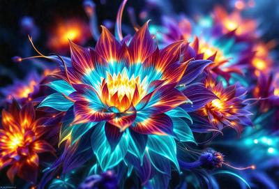 The primary subject of the image is a large, colorful flower with a vibrant blue and purple hue. The flower is surrounded by a variety of other flowers, creating a lush and vibrant scene. The setting appears to be a garden or a similar outdoor environment. The visual style of the image is a combination of photo and digital art, with the flower and its surroundings appearing to be digitally manipulated or painted. The colors and mood of the image are bright, cheerful, and full of
