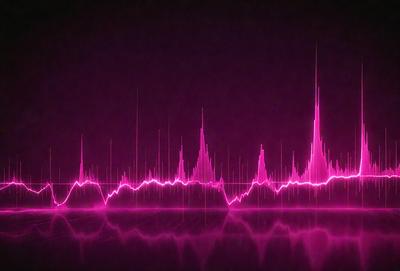 The primary subject of the image is a series of pink lines or waves, which are displayed on a black background. The setting appears to be a dark room, and the visual style is a combination of digital art and illustration. The dominant colors in the image are pink and black, creating a bold and striking appearance.