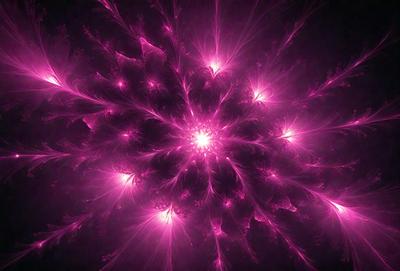 The primary subject of the image is a bright, pink, and purple nebula. The setting is a dark background, which contrasts with the vibrant colors of the nebula. The visual style is a combination of digital art and illustration, creating a unique and captivating scene. The dominant colors and overall atmosphere are energetic and lively, as the nebula appears to be glowing and pulsing with life.