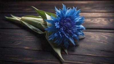The primary subject of the image is a blue flower, which is the main focus of the scene. The setting is a wooden table, and the visual style appears to be a photo. The dominant colors in the image are blue and green, creating a calm and serene atmosphere.