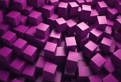 The primary subject of the image is a large number of purple cubes, which are arranged in a dense and intricate pattern. The setting is a dark background, which contrasts with the vibrant purple color of the cubes. The visual style of the image is a combination of photo and digital art, creating a unique and eye-catching design. The dominant colors and overall atmosphere of the image are purple and dark, giving it a mysterious and captivating appearance.