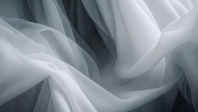 The primary subject of the image is a white sheet or curtain, which is the main object, scene, or focus of the image. The setting or background consists of a dark or gray background, which contrasts with the white sheet. The visual style of the image is a close-up of the white sheet, which gives a sense of depth and texture. The colors and mood of the image are predominantly white, which creates a clean and serene atmosphere.