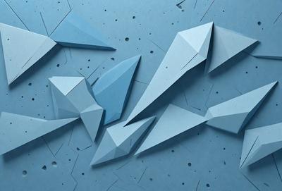 The primary subject of the image is a blue wall with a pattern of blue and white triangles. The setting is a blue wall with a pattern of blue and white triangles. The visual style is digital art. The dominant colors are blue and white, creating a calm and soothing atmosphere.