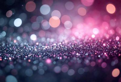 The primary subject of the image is a close-up of a pink background with a pattern of bright, shiny, and colorful lights. The setting appears to be a dark room, and the visual style is a combination of a photo and digital art. The colors and mood of the image are predominantly pink, with a vibrant and lively atmosphere.