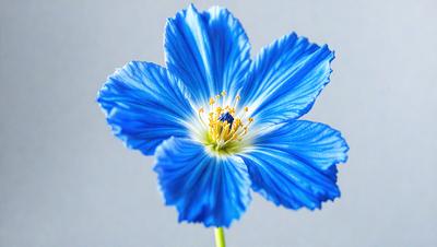 The primary subject of the image is a blue flower with yellow petals. The setting is a white background, which provides a clean and minimalistic look. The visual style is a close-up of the flower, showcasing its details. The dominant colors are blue and yellow, creating a calm and soothing atmosphere.
