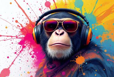 The primary subject of the image is a monkey wearing sunglasses and headphones. The monkey is the main focus of the image, and it appears to be enjoying its time with the headphones on. The setting is a colorful background, which adds to the overall atmosphere of the image. The visual style is a combination of photo and digital art, creating a unique and eye-catching image. The colors and mood of the image are vibrant and lively, with the monkey being the
