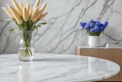 The primary subject of the image is a table with a vase filled with corn and a vase filled with blue flowers. The setting is a marble table, and the visual style is a photo. The dominant colors are white and blue, creating a clean and elegant atmosphere.