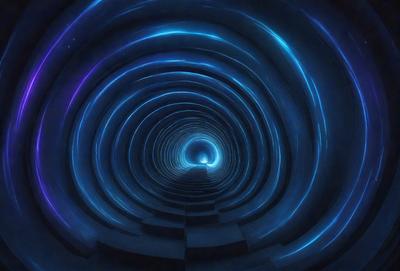 The primary subject of the image is a tunnel or a large tube-like structure. The setting is a dark, blue-lit environment, which gives the scene a mysterious and futuristic atmosphere. The visual style appears to be a combination of a photo and digital art, creating a unique and captivating visual experience. The dominant colors are blue and purple, which contribute to the overall mood of the image.