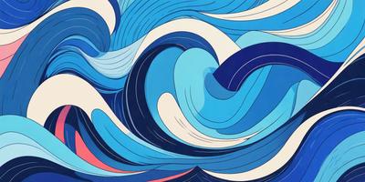 The primary subject of the image is a blue and white ocean wave. The setting is a blue ocean, and the visual style is a digital art or illustration. The dominant colors are blue and white, creating a calm and serene atmosphere.