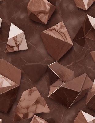 The primary subject of the image is a collection of variously shaped and sized marble blocks. These blocks are arranged in a visually appealing manner, creating a sense of depth and texture. The setting is a marble surface, which adds to the overall visual style of the image. The colors and mood of the image are predominantly brown and earthy, giving it a natural and elegant appearance.