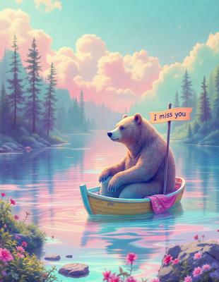 The primary subject of the image is a large brown bear sitting in a boat on a body of water. The bear is holding a sign that reads "I miss you." The setting is a serene environment with a body of water and trees in the background. The visual style is a digital art or illustration, creating a whimsical and heartwarming scene. The colors are predominantly shades of brown and blue, with the bear's fur and the water's surface being the main colors. The overall atmosphere is one