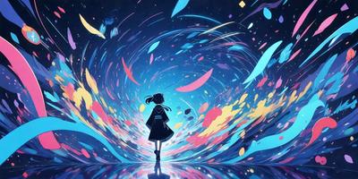 The primary subject of the image is a woman standing in a colorful, swirling, and abstract environment. She is wearing a black dress and has a bow in her hair. The setting appears to be a futuristic or surreal space, with a mix of bright and dark colors. The visual style of the image is a combination of digital art and illustration, creating a unique and captivating scene. The overall atmosphere of the image is one of wonder and curiosity, as the woman stands amidst the vibrant and