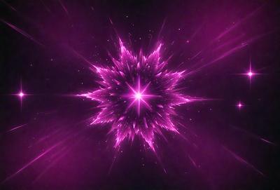 The primary subject of the image is a bright, pink, purple, and white starburst, which is the main object, scene, or focus of the image. The setting or background is a dark, pink, purple, and white space, which adds to the overall atmosphere. The visual style of the image is a combination of photo and digital art, creating a unique and eye-catching effect. The colors and mood of the image are vibrant and energetic, with the starburst being the