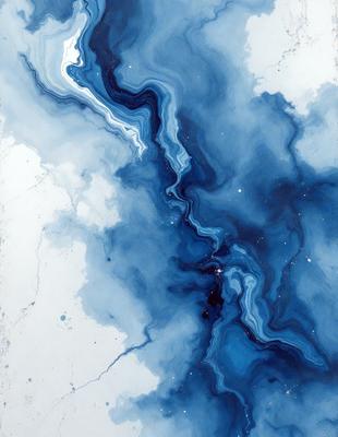 The primary subject of the image is a blue and white painting of a swirling, flowing design. The setting is a white background, and the visual style appears to be a digital art or illustration. The dominant colors in the painting are blue and white, creating a sense of calmness and tranquility.