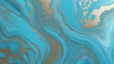 The primary subject of the image is a blue and gold swirling pattern, which appears to be a painting or a digital artwork. The setting is a blue background, and the visual style is a combination of photo and digital art. The dominant colors are blue and gold, creating a vibrant and lively atmosphere.