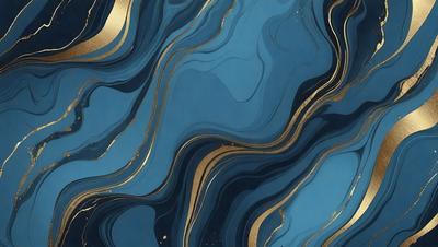 The primary subject of the image is a blue and gold patterned wallpaper. The setting is a blue background, and the visual style appears to be a digital art or illustration. The dominant colors are blue and gold, creating a rich and luxurious atmosphere.